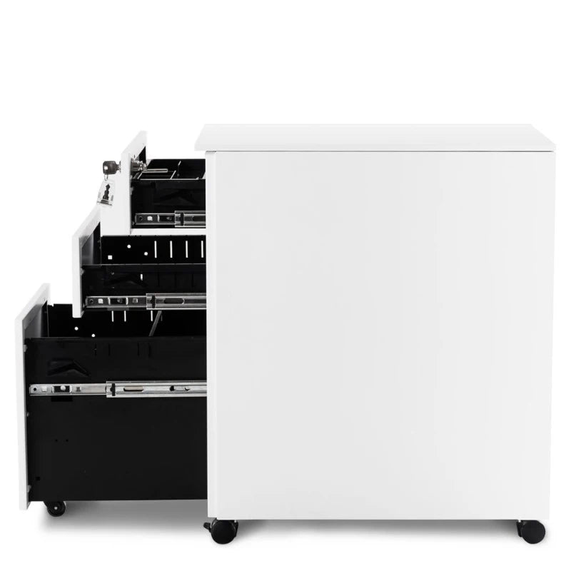 Lockable Mobile File Cabinet - 3 Drawer Steel Pedestal on 5 Casters, Secure Storage with Keys, 39x52x60 cm, White