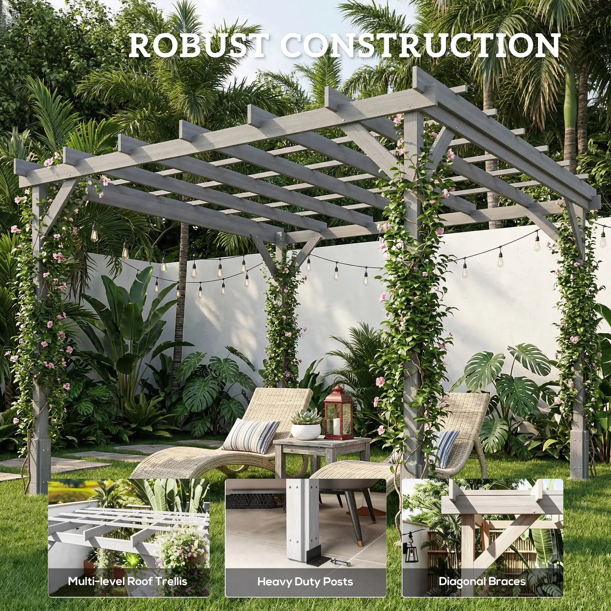 3m x 3m Wooden Pergola Kit Grey Garden Gazebo Shelter, Solid Fir Wood Outdoor Pergola with Stable Posts, Decorative Patio Arbour for Climbing Plants, Vines, Decking, Lawn & Garden Shade
