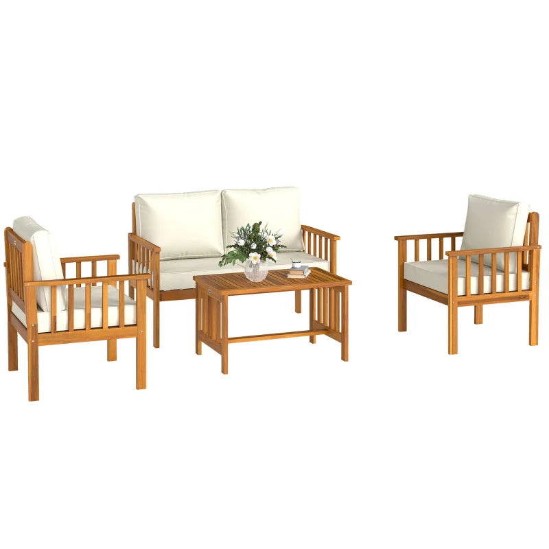 Four-Piece Acacia Wood Garden Sofa Set with Teak Finish and Cream Cushions
