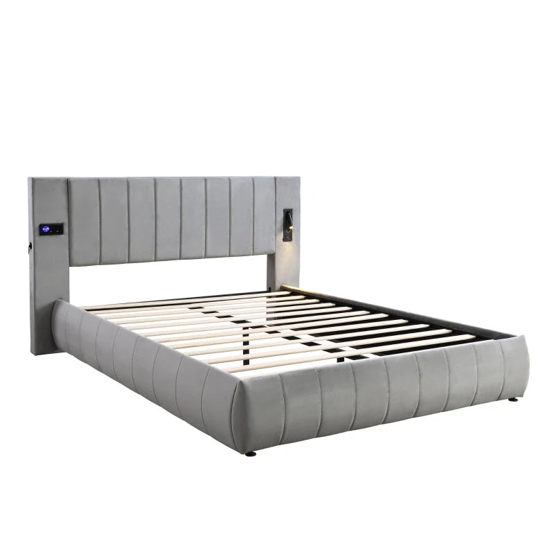 Stylish King Size Upholstered Bed with Stereo and USB Charging Ports Velvet Iron Frame Grey