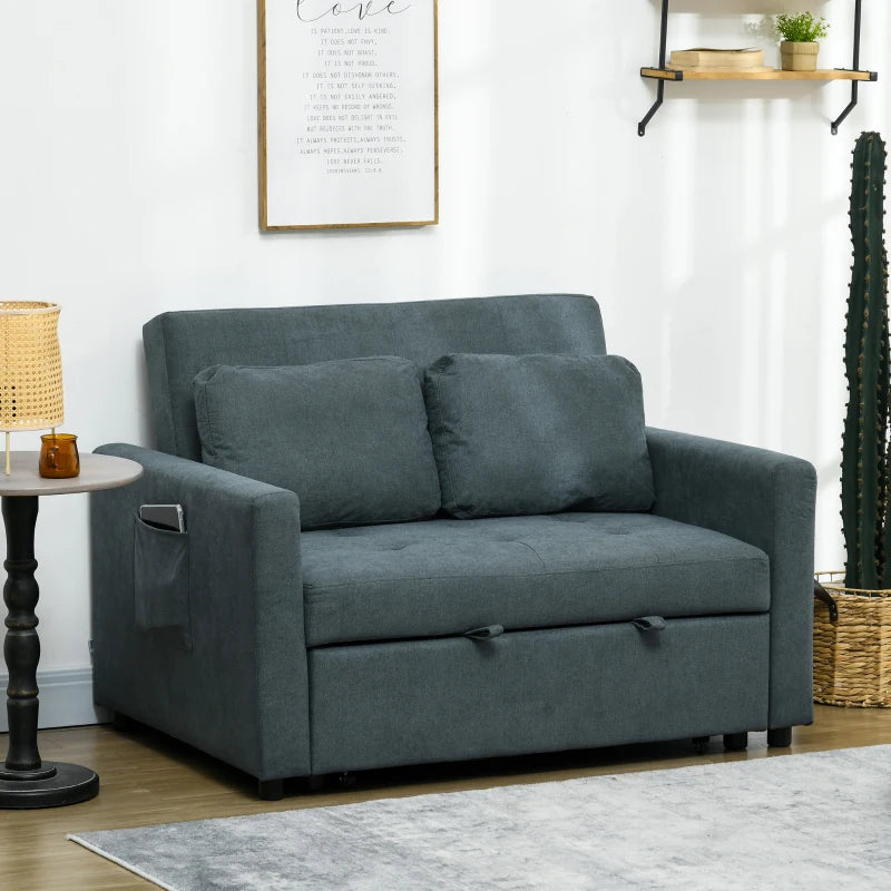 Charcoal Grey Loveseat Sofa Bed with Cushions and Side Pockets for Living Room