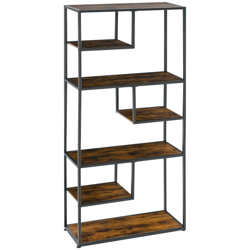 Industrial 6-Tier Metal Bookcase Shelf - Rustic Brown Storage Shelves for Living Room, Home Office & Bedroom