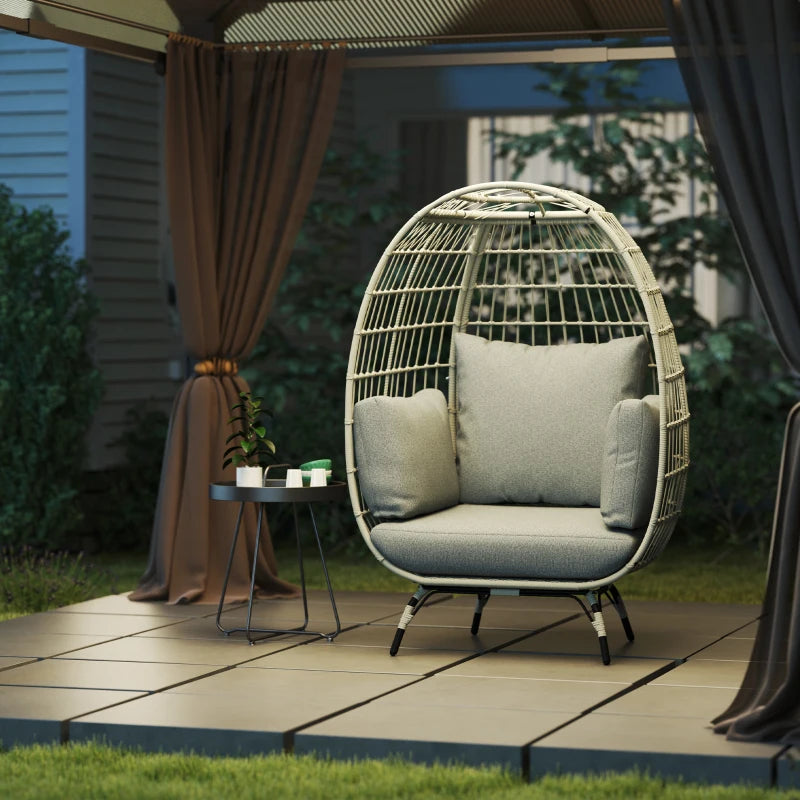 Stylish Rattan Egg Chair with Cushions and Pillows in Charcoal Grey for Outdoor Relaxation