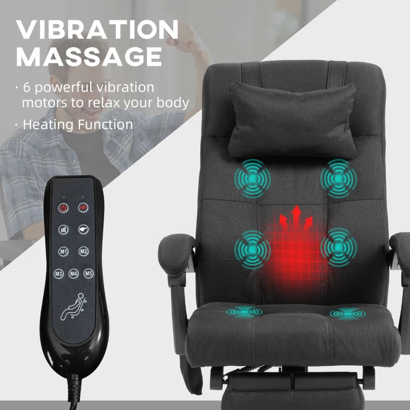 Vinsetto Black Office Chair with 6-Point Vibration Massage & Heat, Adjustable Height, Head Pillow & Footrest for Home
