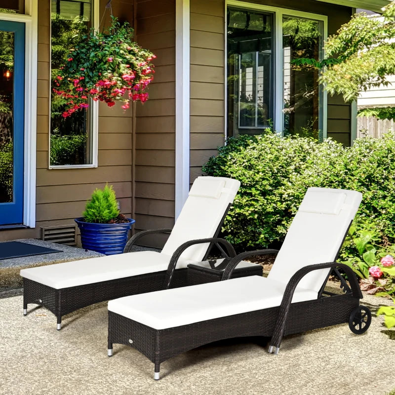 Brown Rattan Outdoor Recliner Set with Wheels and Cushions