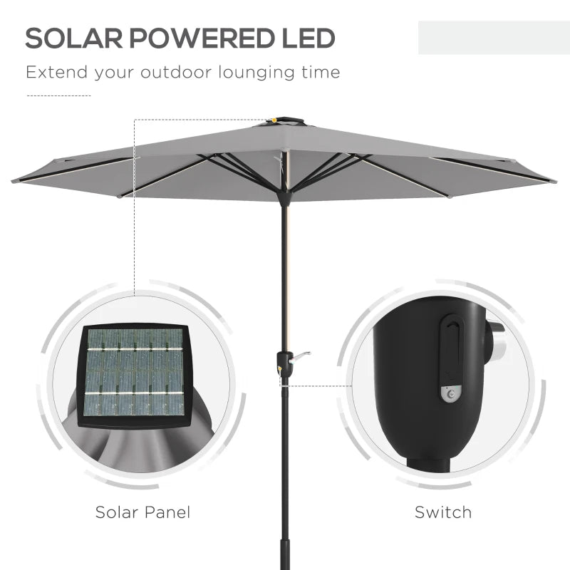 Light Grey Solar LED Patio Umbrella with Crank Handle