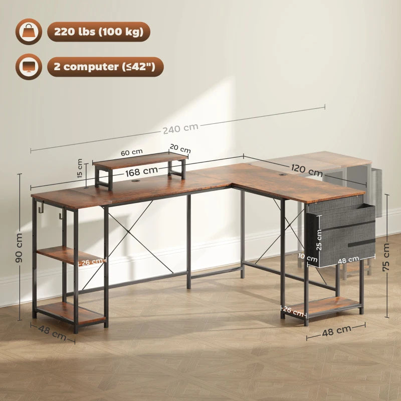 168cm Reversible L Shaped Desk - Industrial Corner Computer Table with Adjustable Shelf & Storage Bag, Rustic Brown, 2 Person PC Table