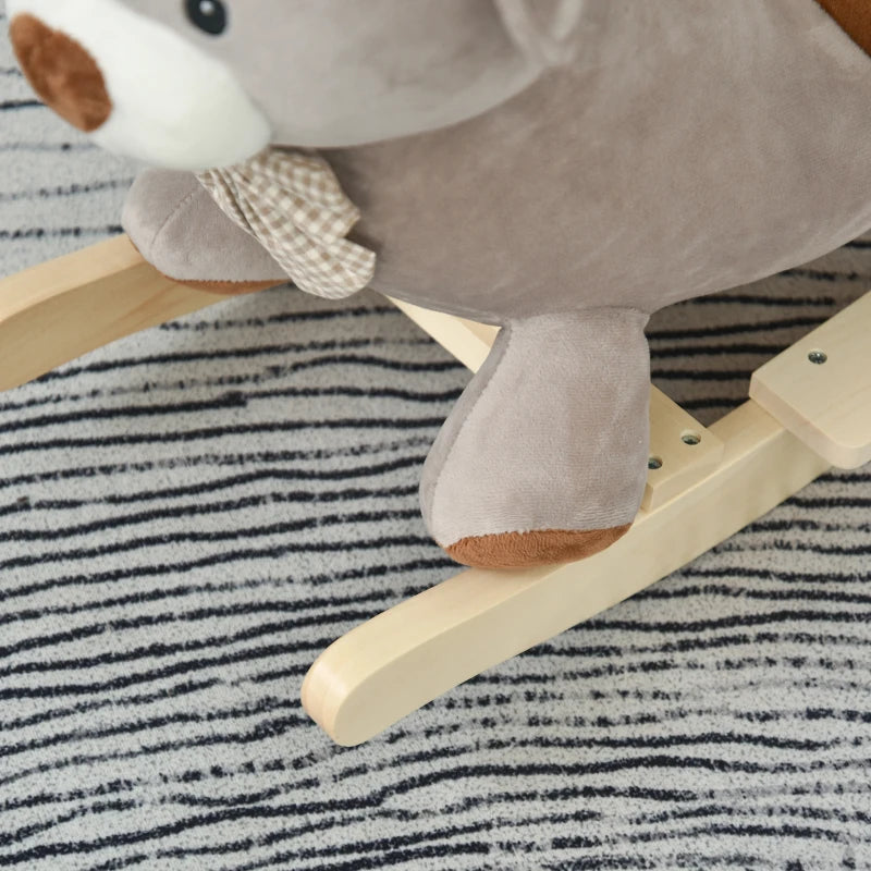 Kids Plush Rocking Horse Ride-On Bear Toy with Sound & Safety Belt - Wooden Base for Toddlers 18-36 Months - Grey
