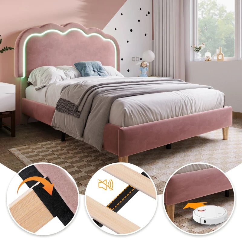 Pink Upholstered Single Bed with LED Adjustable Headboard, Velvet Frame, Wooden Slats, Easy Assembly, 197L x 101W x 109H cm