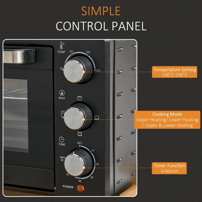 21L Mini Countertop Oven - Adjustable Temperature 100°C-230°C, Compact Black Design for Efficient Cooking