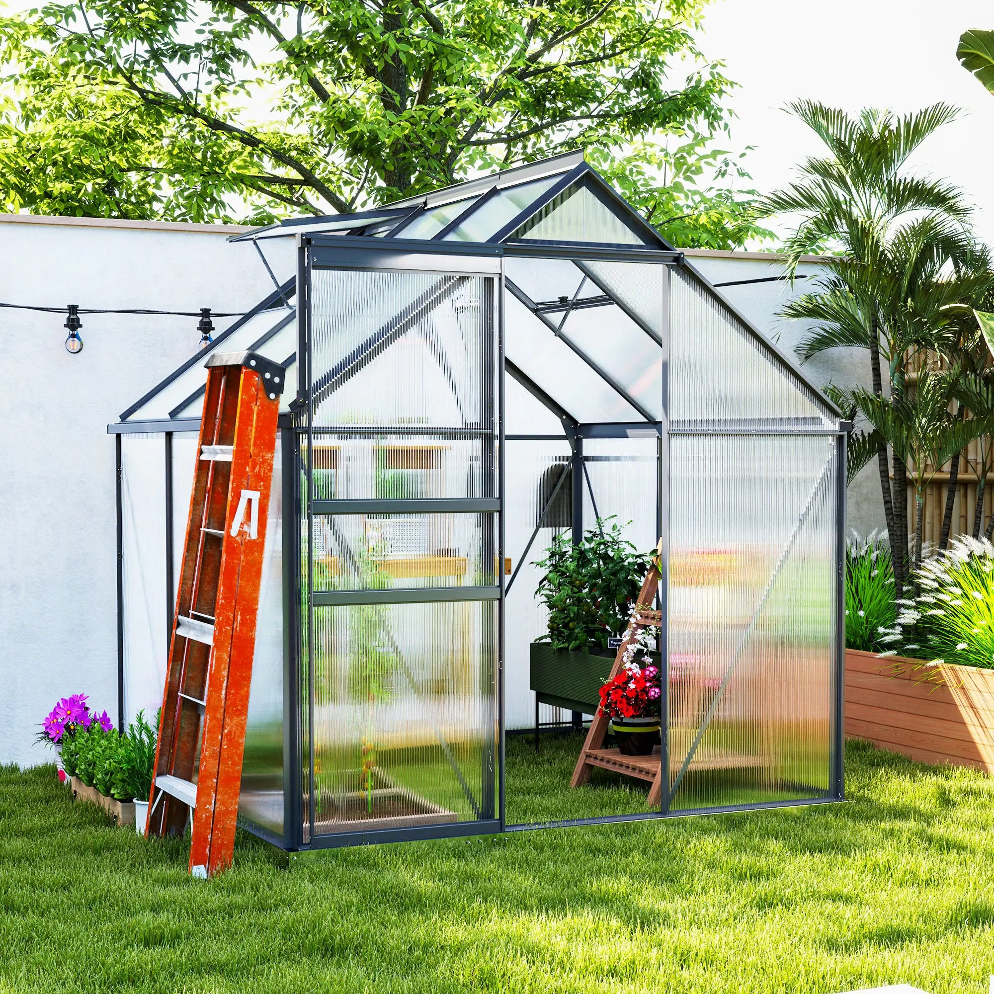 190cm x 190cm Walk-In Polycarbonate Greenhouse With Window - Grey