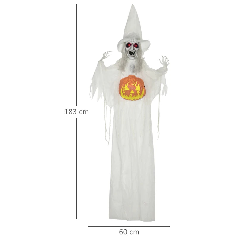 6ft Outdoor Halloween Witch Decoration with Pumpkin - Life Size Skeleton Prop, Sound & Motion Activated, Light Up Eyes, Laughing Sound