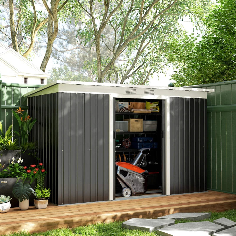Black 9ft x 4ft Metal Garden Storage Shed With Foundation Kit, Ventilation and Double Doors