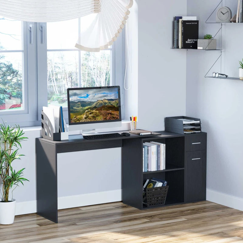 L-Shaped Corner Computer Desk with Storage Shelf & Drawer - Adjustable Black Wood Grain Workstation for Home Office