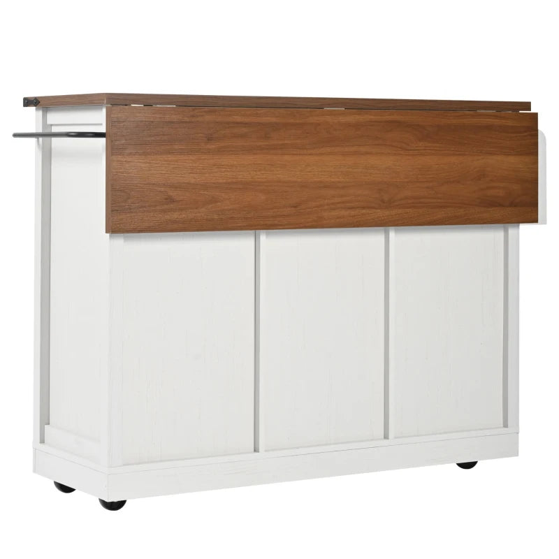 Elegant White Kitchen Island with Extendable Worktop, Smooth Wheels, Ample Storage & Foldable Cabinet - 140x45x94 cm