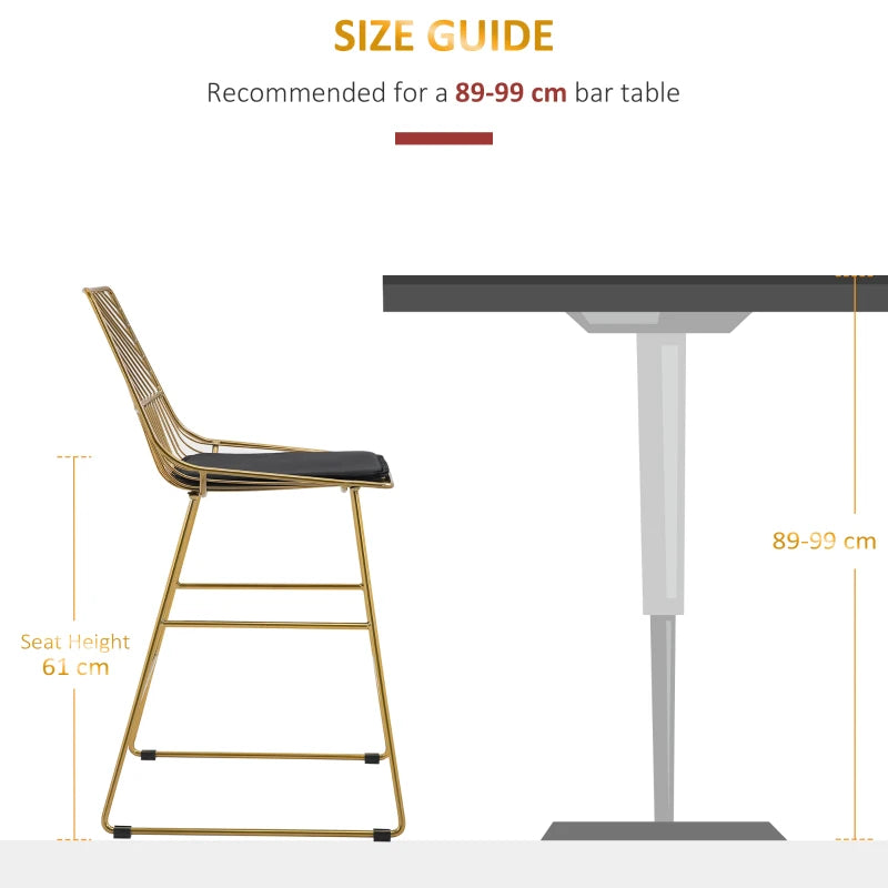 Set of 2 Modern Gold Bar Stools - Counter Height Breakfast Chairs with Wire Metal Frame for Kitchen & Dining Room