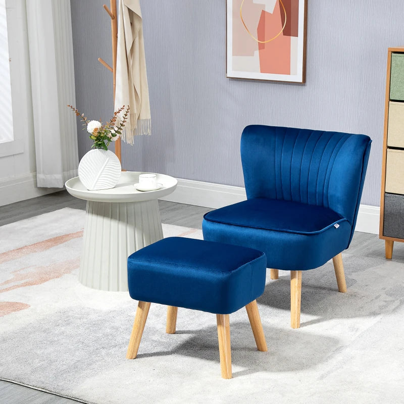 Velvet Accent Chair with Ottoman - Curved Back Tub Seat, Dark Blue, Stylish Home Furniture