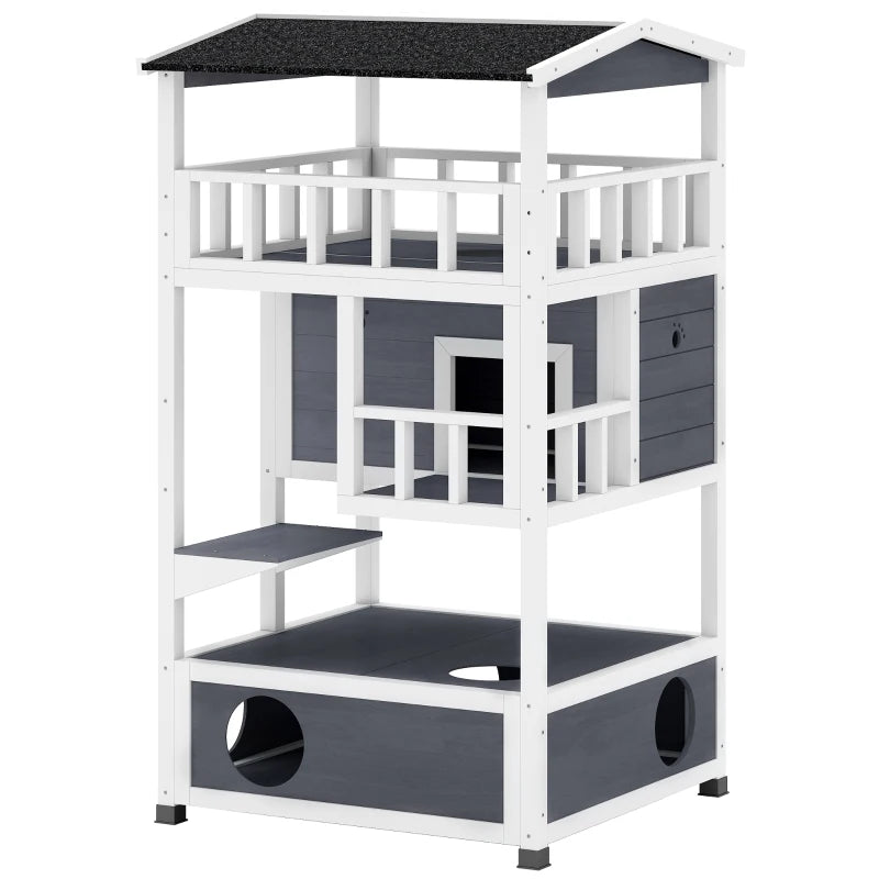 Wooden 3-Tier Outdoor Cat House with Tilted Roof, Terrace, Jump Step, Waterproof Grey Shelter for Cats