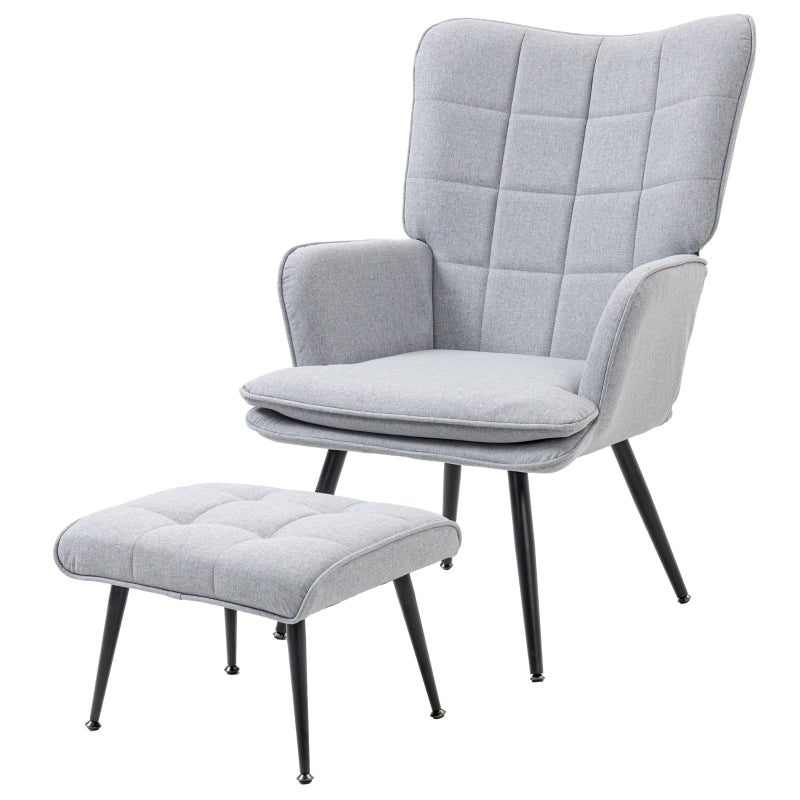 Light Grey Linen Accent Armchair with Footstool for Living Room, Bedroom, and Home Study