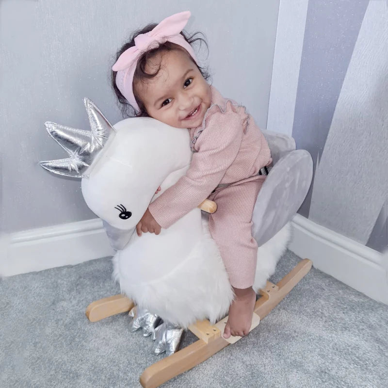 Kids Plush Rocking Horse & Swan Ride-On Toy with Sound, Wooden Base, Safety Belt for Toddlers 18-36 Months - White & Grey