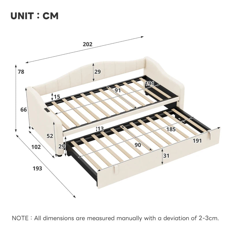 Beige Velvet Upholstered Daybed with USB & Type-C Ports, Convertible Sofa Bed & Pull-Out Trundle, 202x193x78 cm