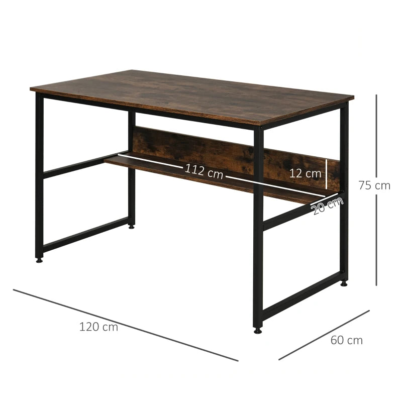 Rustic Brown Computer Desk with Storage Shelf - 120x60cm Home Office Study Table, Metal Frame, Easy Assembly