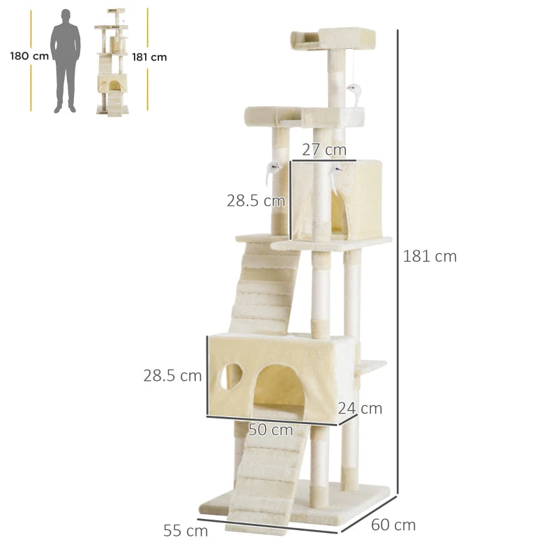 Deluxe Cat Tree for Indoor Cats - 181 cm Play Tower & Activity Center with Scratch Post & Climbing Features