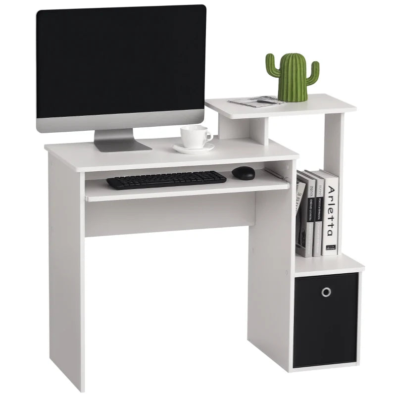 Modern White Computer Desk with Sliding Keyboard Tray, Storage Drawer & Shelf - Ideal Home Office Workstation