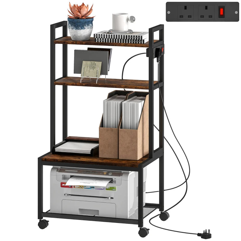 Rustic Brown 4-Tier Printer Stand with Power Outlets & Wheels - Mobile Office Storage Solution