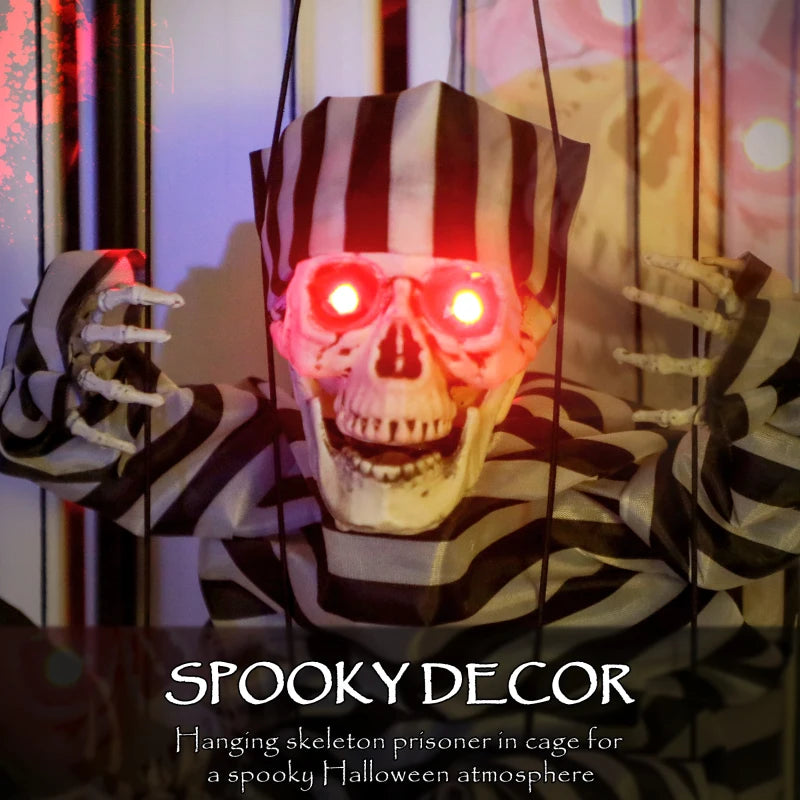 Halloween Animated Skeleton Prisoner in Cage with Glowing LED Eyes - Spooky Battery Operated Indoor Decorations for Parties