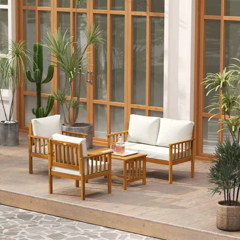 Four-Piece Acacia Wood Garden Sofa Set with Teak Finish and Cream Cushions