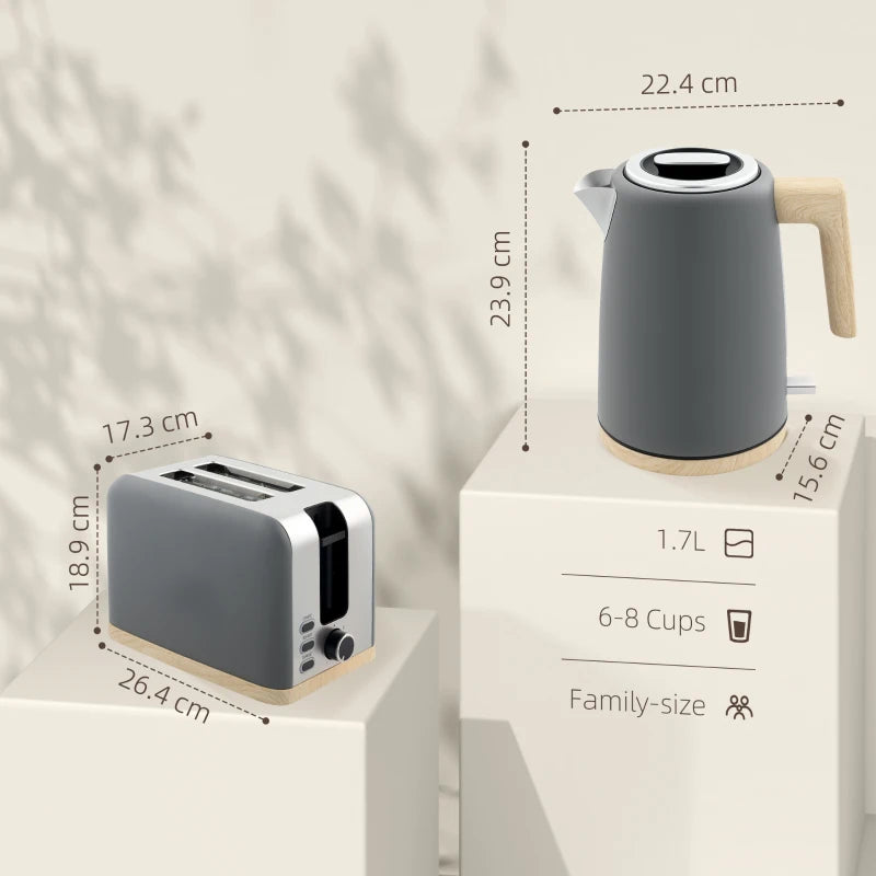Stainless Steel Kettle & Toaster Set - 1.7L Fast Boil Kettle 3000W & 2 Slice Toaster with 7 Browning Levels, Grey