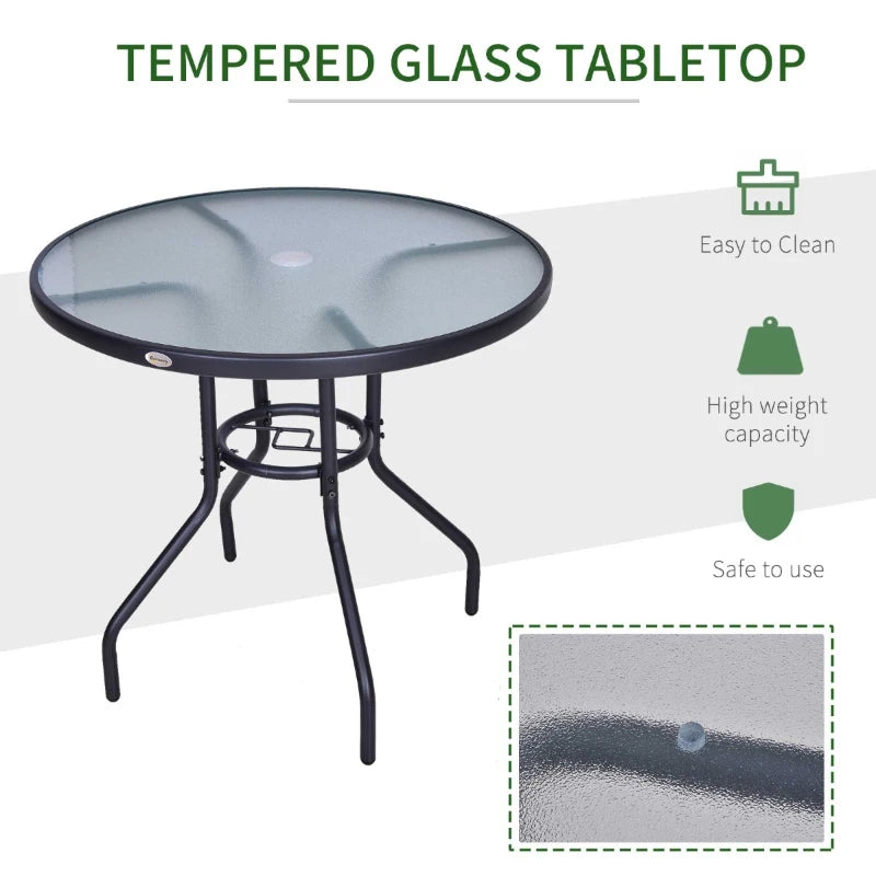 Round Glass Top Steel Frame Outdoor Dining Table - Black