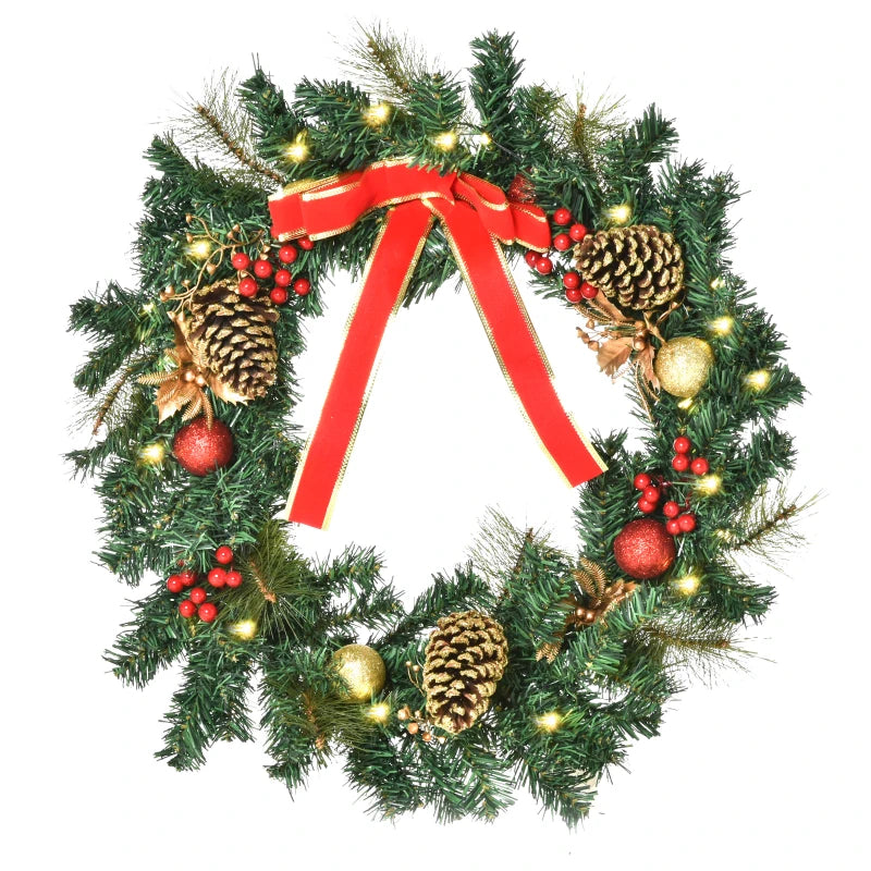 60cm Pre-Lit Artificial Christmas Wreath with Holly, Pine Cones & LED Lights - Glittered Indoor/Outdoor Holiday Decor
