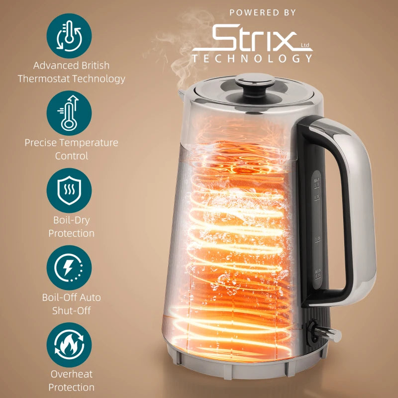 Electric Stainless Steel Kettle & Toaster Set - 3000W Fast Boil 1.7L Kettle with Limescale Filter & 4 Slice Toaster - Black