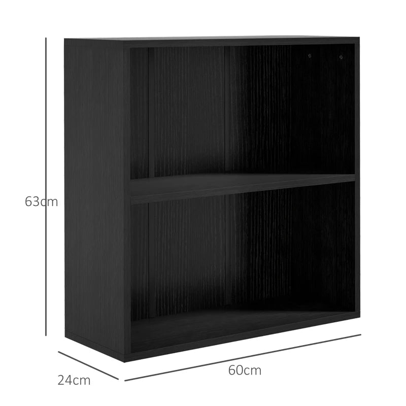 Adjustable 2-Tier Bookshelf - Low Black Bookcase with 2 Compartments for Home Office, Living Room & Study