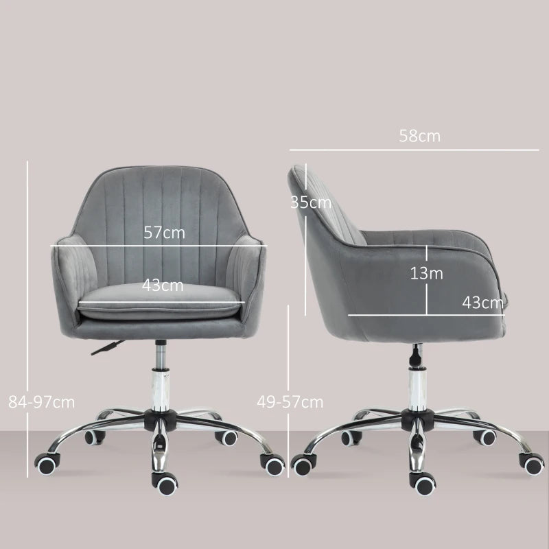 Stylish Grey Velvet Swivel Office Chair with Adjustable Height & Rolling Wheels - Perfect for Home, Work, or Study