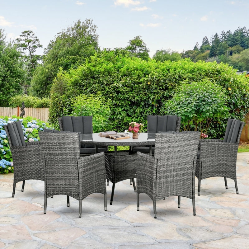 7-Piece Rattan Dining Set with Round Glass Table - Brown