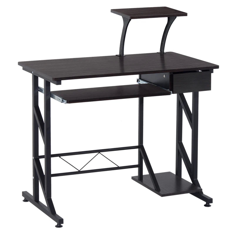 Dark Brown Computer Desk with Display Stand, Sliding Keyboard Tray, Host Box Shelf - Stylish Home Office Workstation