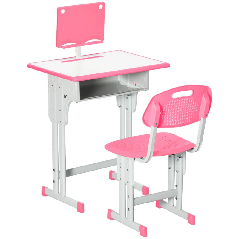 Kids Adjustable Desk and Chair Set with Book Stand and Pen Slot - Stylish Pink Study Furniture for Children