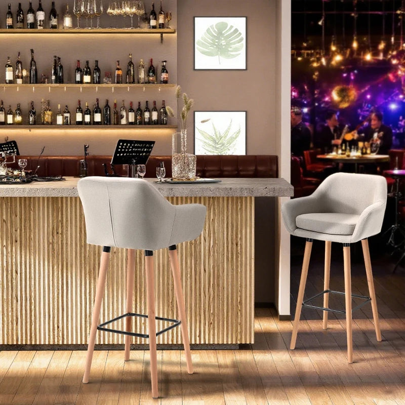 Set of 2 Modern Upholstered Bar Stools with Metal Frame & Solid Wood Legs - Beige Fabric Dining Chairs