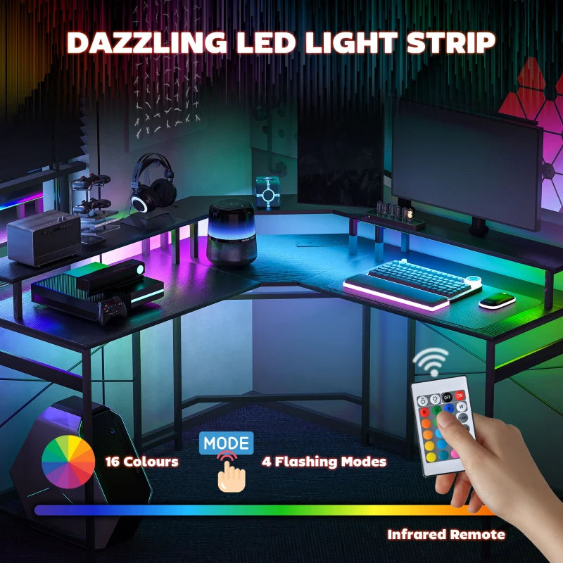 L-Shaped Black Work Desk with LED Lights - Modern Home Office Furniture for Efficient Workspace Organization