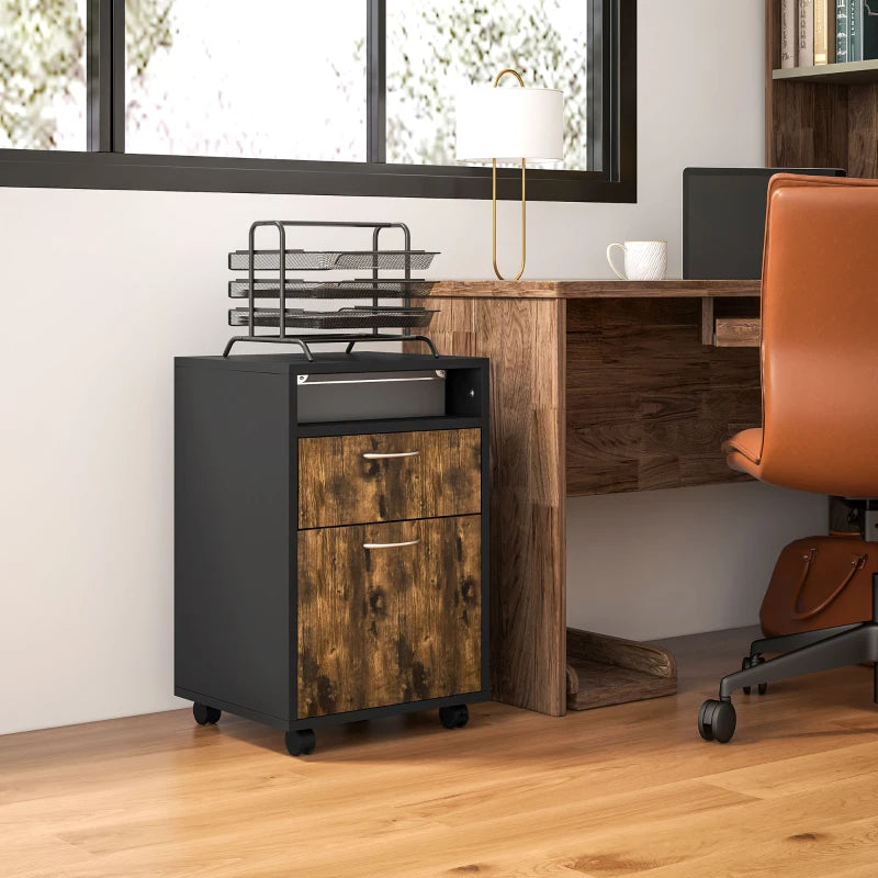 60cm Rustic Brown Filing Cabinet with Drawer & Open Shelf, Mobile Office Organizer on 4 Wheels, Metal Handles