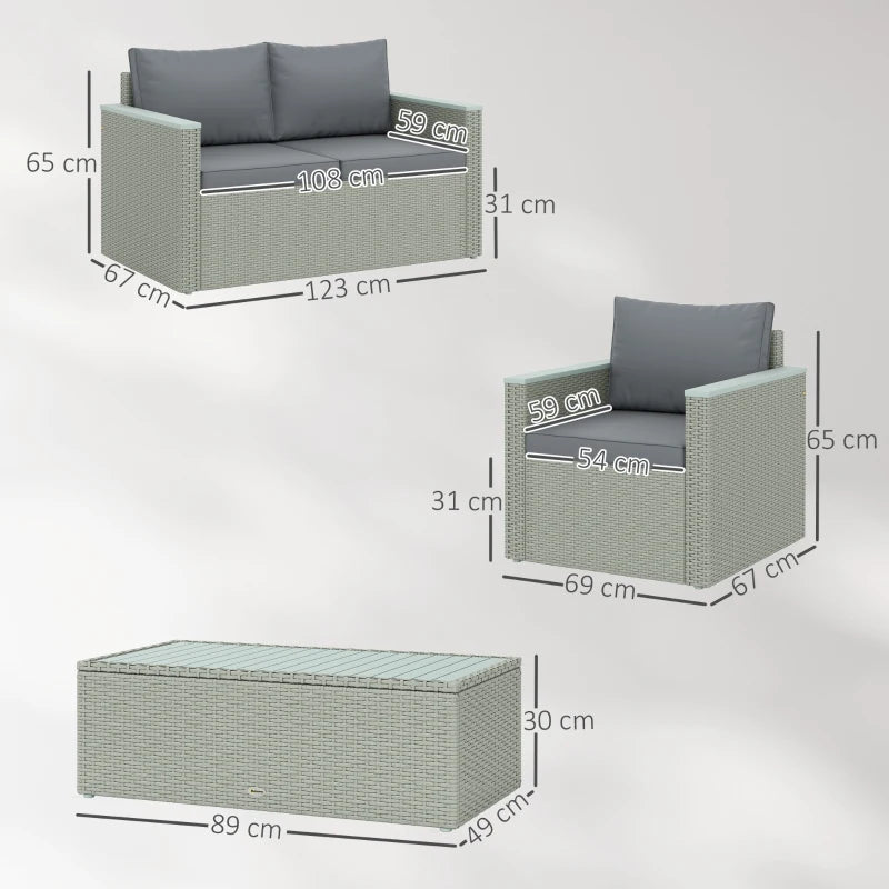 4 Piece Rattan Garden Furniture Set - Wicker Outdoor Sofa, Armchairs & Coffee Table - Light Grey