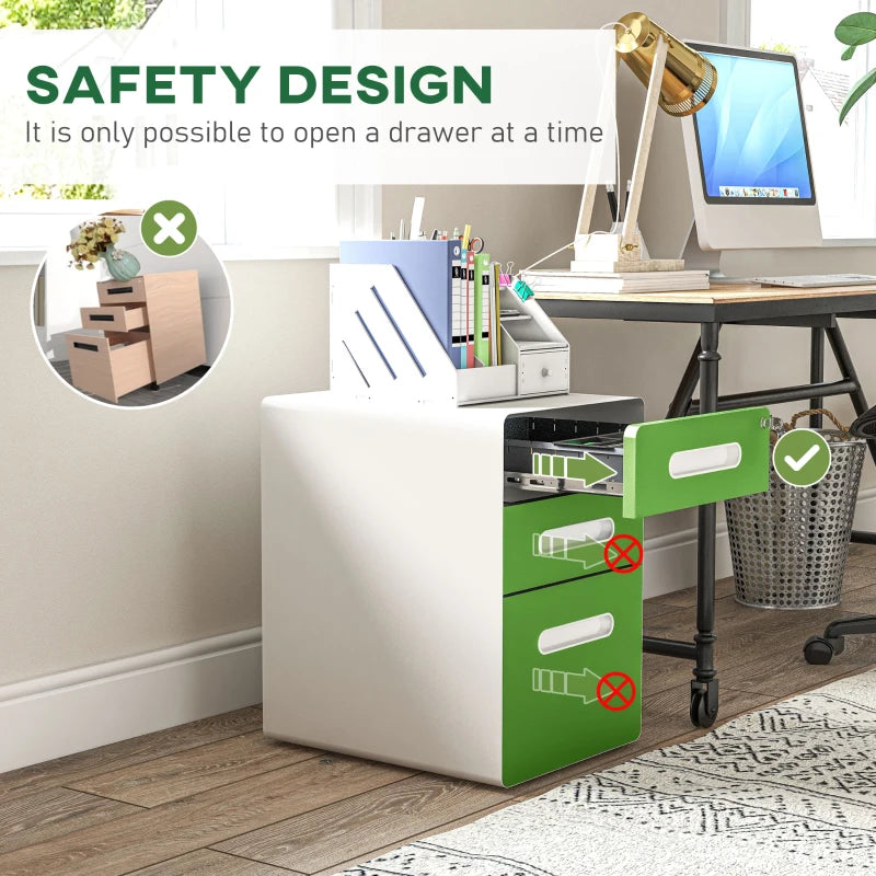 Vinsetto Lockable 3 Drawer Filing Cabinet on Wheels - Steel File Storage for A4, Letter, Legal Files - Green
