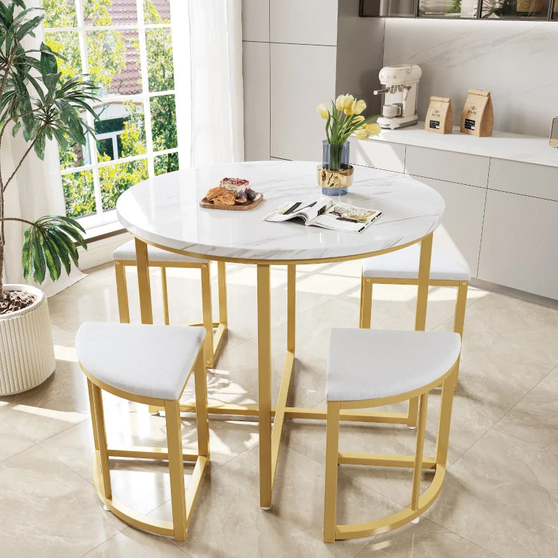 5-Piece Modern Marble Dining Table & Chair Set with Gold & White Semi-Circular Stools - Space-Saving for Apartments & Restaurants