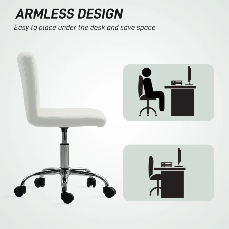 Modern PU Leather Armless Office Chair - Adjustable Height Swivel Vanity Chair with Rolling Wheels for Home Study & Bedroom - White