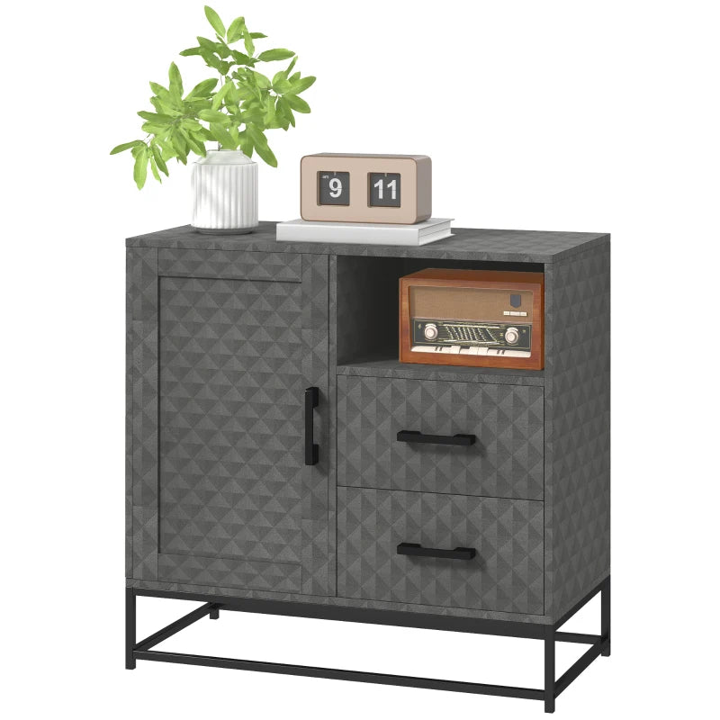 Modern Grey Sideboard Storage Cabinet with Adjustable Shelf, Open Compartment & 2 Drawers - Freestanding Furniture for Living Room