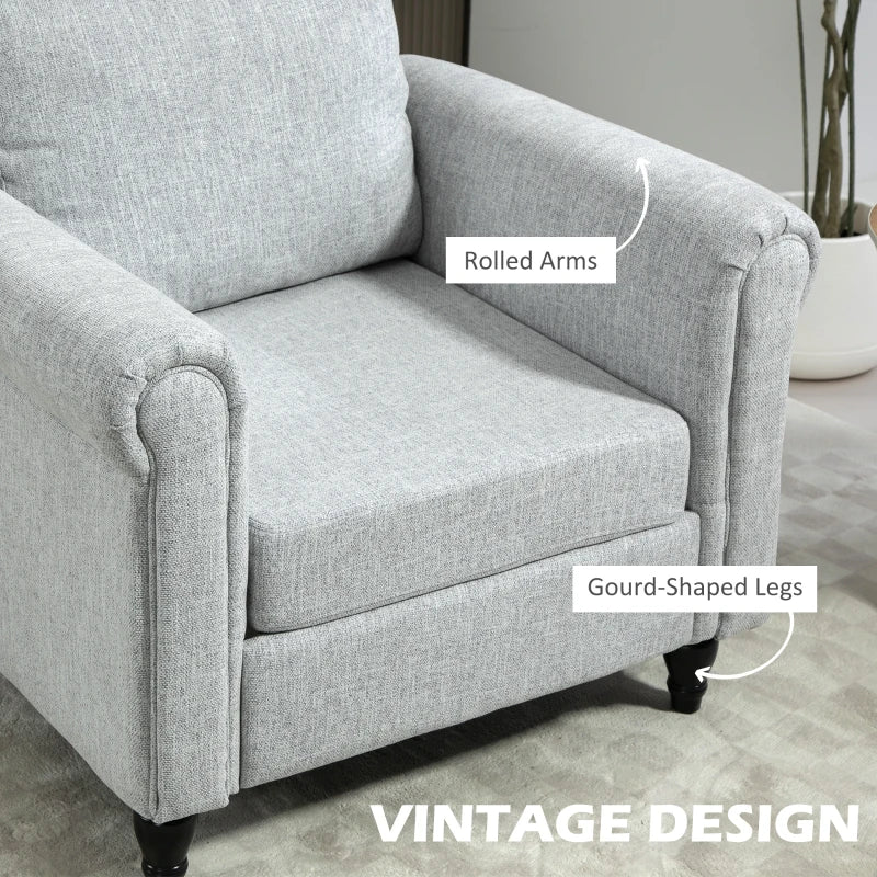 Vintage Upholstered Accent Chair with Back Pillow and Rolled Arms, Light Grey, Rubber Wood Legs
