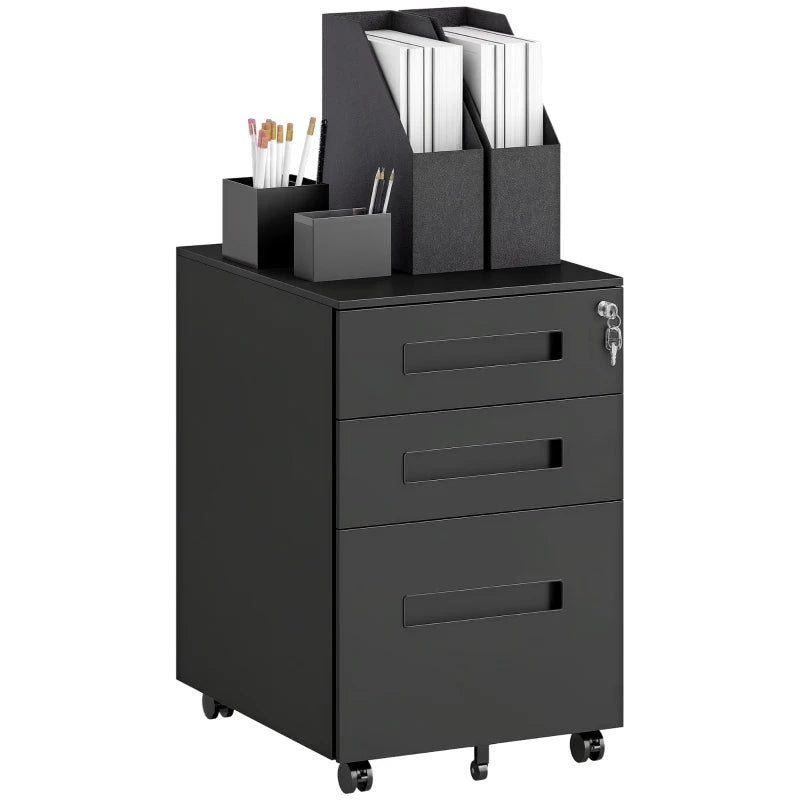 Vinsetto Black Three-Drawer Steel Filing Cabinet - Durable Office Storage Solution for Organizing Documents and Files